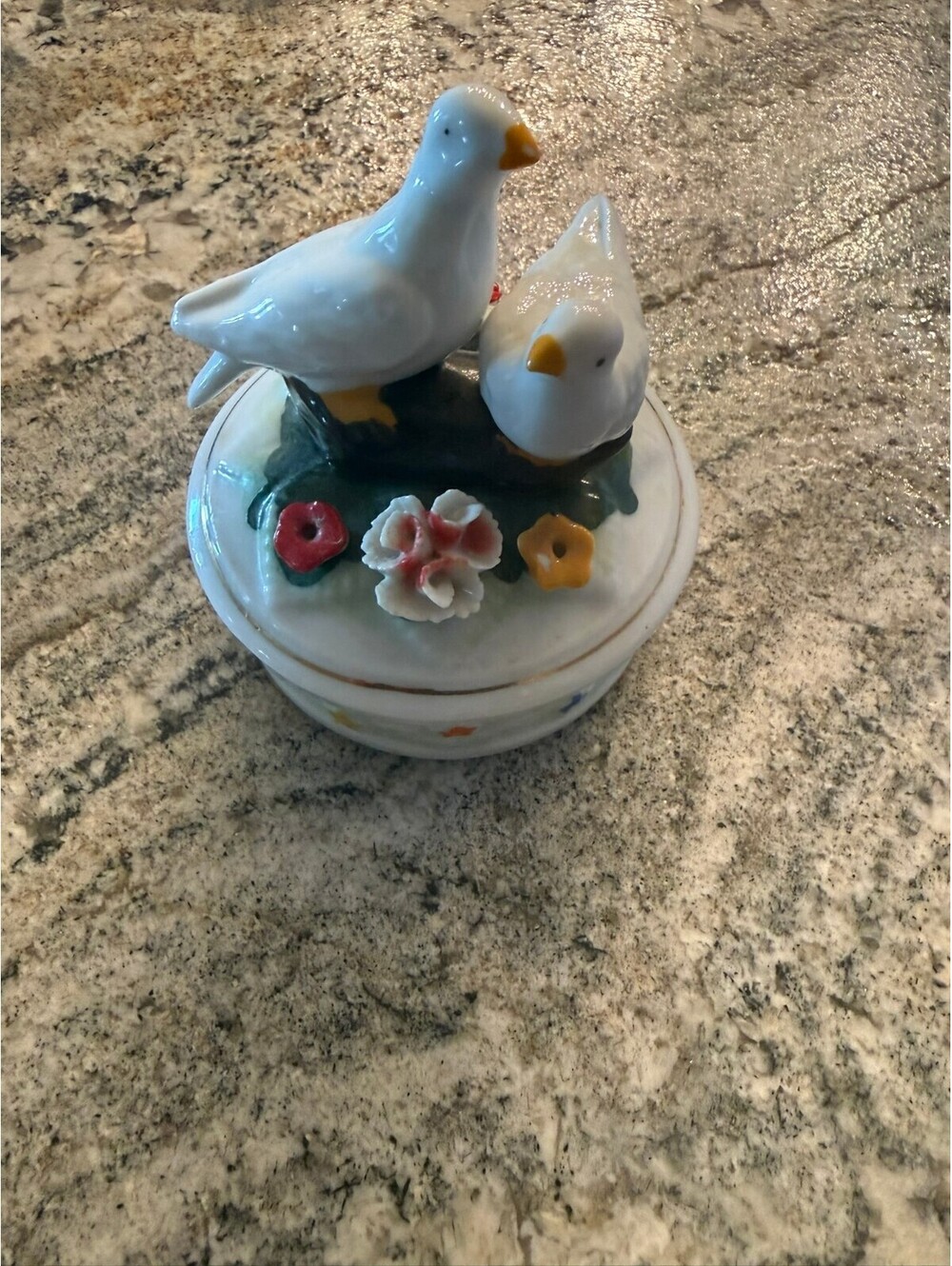 Vintage Ceramic Trinket Box with Birds and Flowers Lid